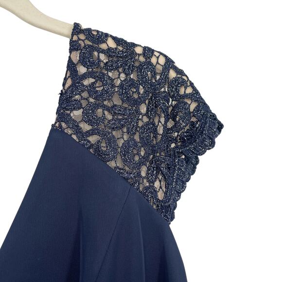 X BY XSCAPE Lace-Sleeve Chiffon Gown Navy Blue Size 16 NEW with tags! NWT - Picture 4 of 11